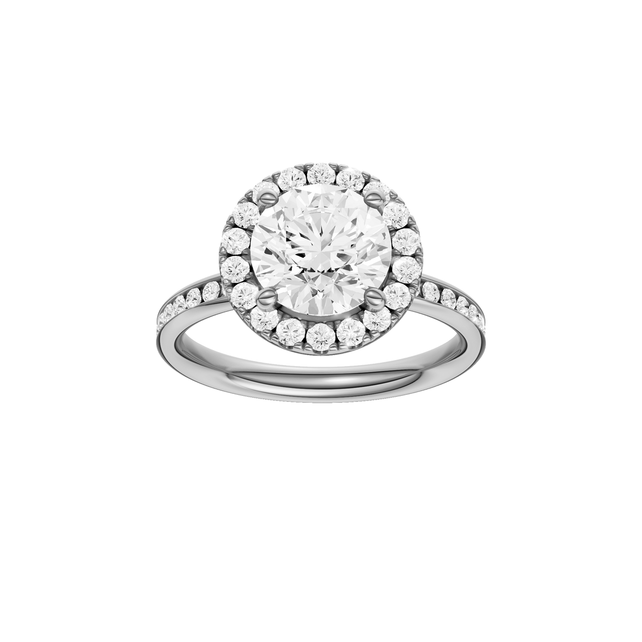 A front view of the Round cut diamond engagement ring in 14k white gold with a diamond channel band and halo setting