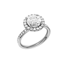 A three-quarter view of the Round cut diamond engagement ring in platinum with a diamond channel band and halo setting