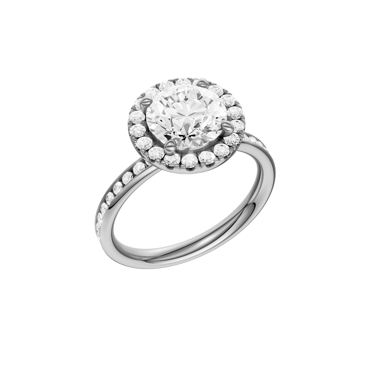 A three-quarter view of the Round cut diamond engagement ring in 14k white gold with a diamond channel band and halo setting