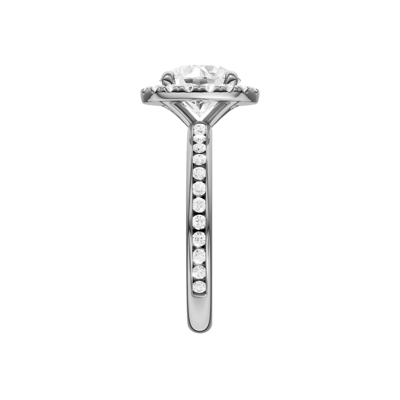 A side view of the Round cut diamond engagement ring in platinum with a diamond channel band and halo setting