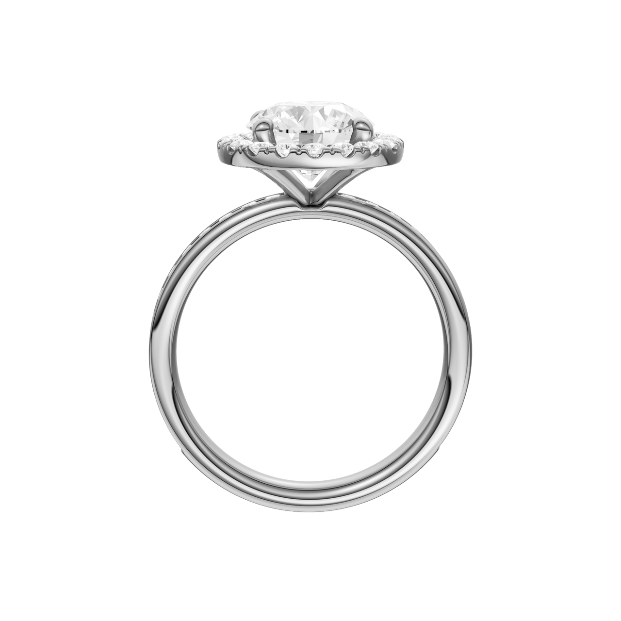A profile view of the Round cut diamond engagement ring in 14k white gold with a diamond channel band and halo setting