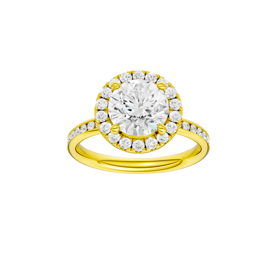 A front view of the Round cut diamond engagement ring in 14k yellow gold with a diamond channel band and halo setting