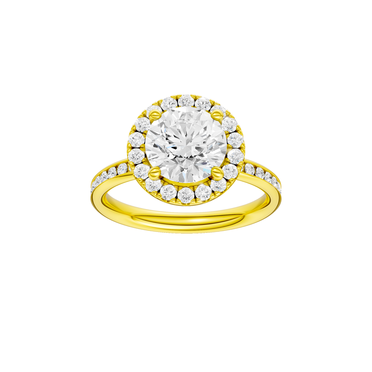 A front view of the Round cut diamond engagement ring in 14k yellow gold with a diamond channel band and halo setting