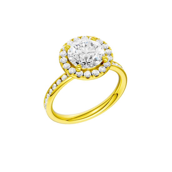 A three-quarter view of the Round cut diamond engagement ring in 14k yellow gold with a diamond channel band and halo setting