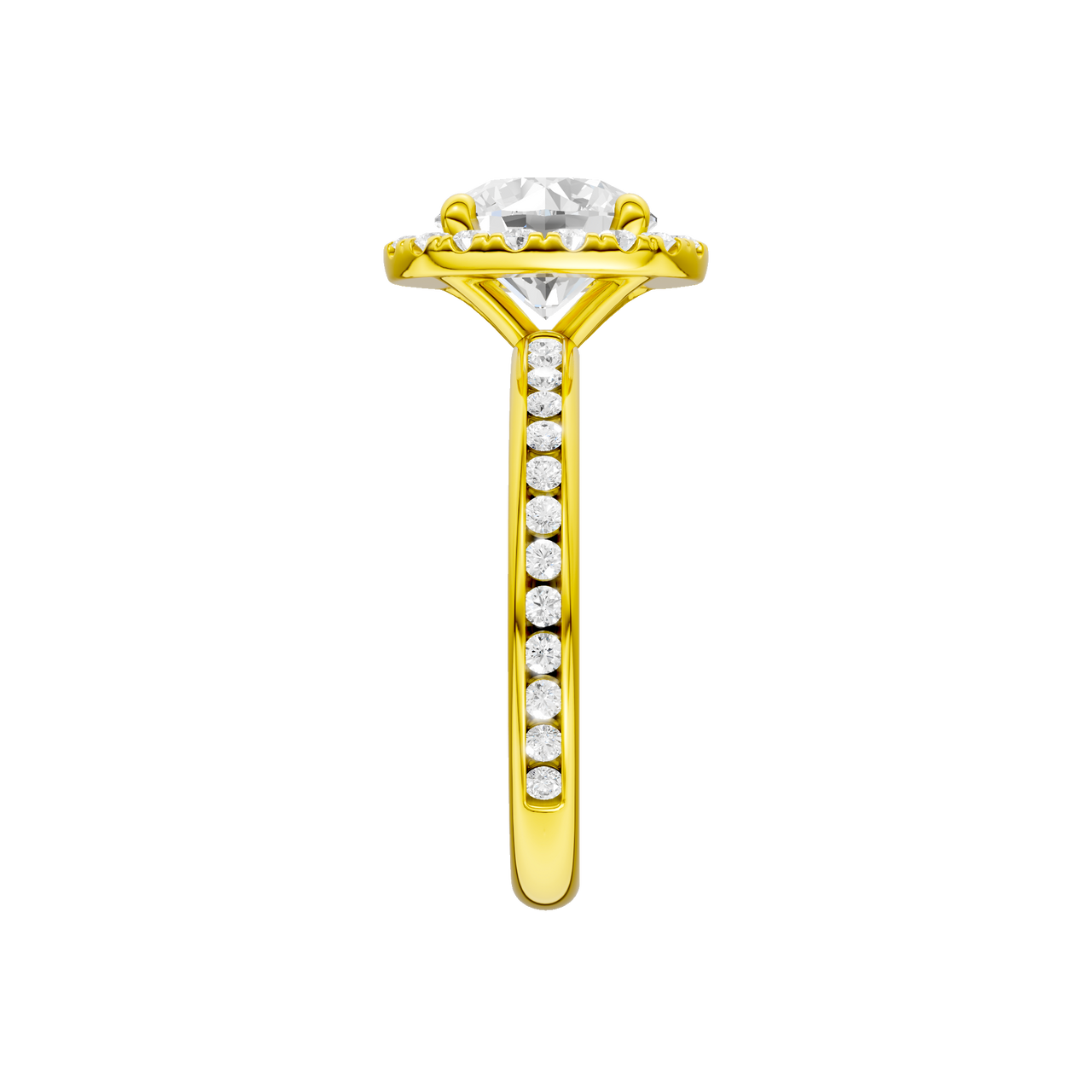 A side view of the Round cut diamond engagement ring in 14k yellow gold with a diamond channel band and halo setting