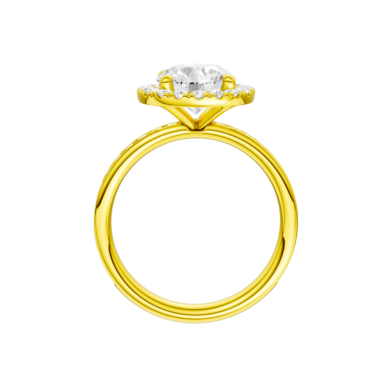 A profile view of the Round cut diamond engagement ring in 14k yellow gold with a diamond channel band and halo setting