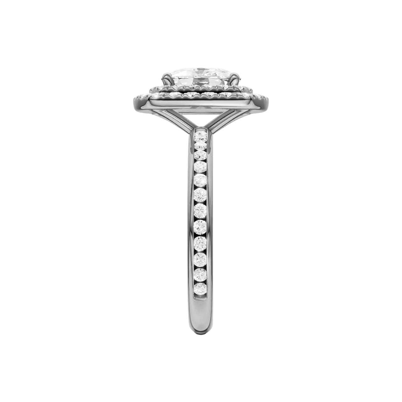 A side view of the Elongated Cushion cut diamond engagement ring in 14k white gold with a channel band and double halo setting