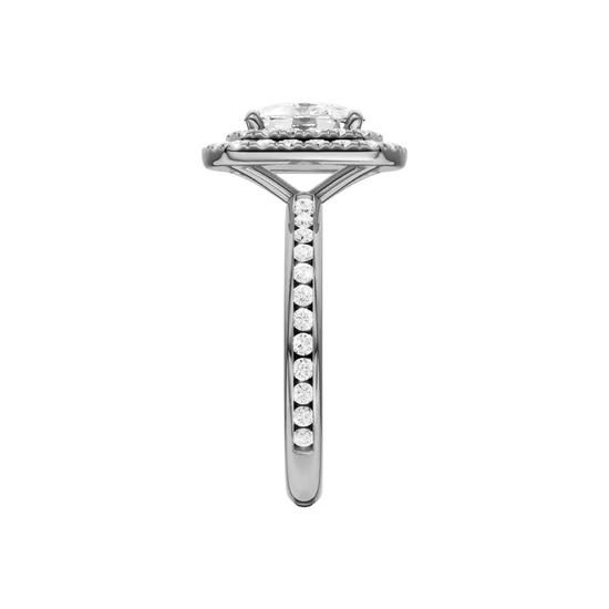 A side view of the Elongated Cushion cut diamond engagement ring in platinum with a channel band and double halo setting