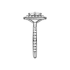 A side view of the Elongated Cushion cut diamond engagement ring in platinum with a channel band and double halo setting