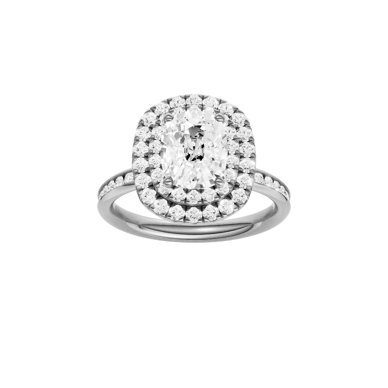 A front view of the Elongated Cushion cut diamond engagement ring in 14k white gold with a channel band and double halo setting