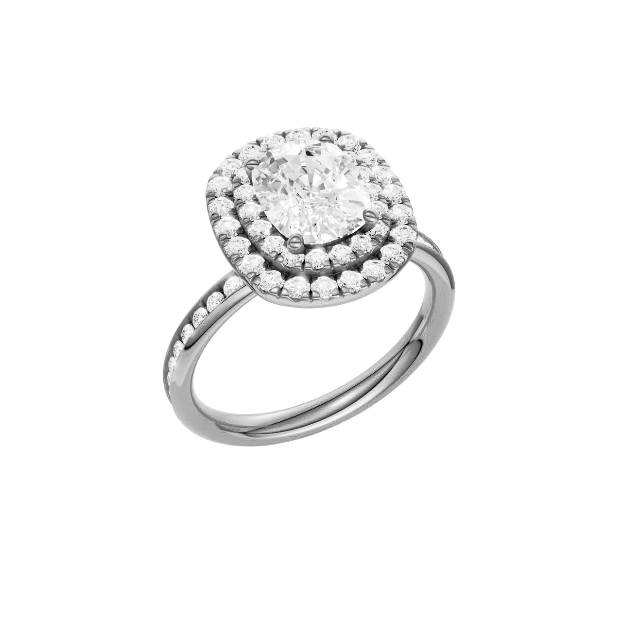 A three-quarter view of the Elongated Cushion cut diamond engagement ring in platinum with a channel band and double halo setting