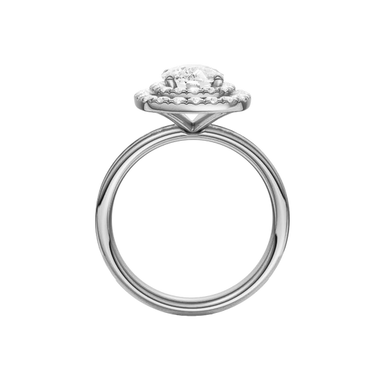 A profile view of the Elongated Cushion cut diamond engagement ring in platinum with a channel band and double halo setting