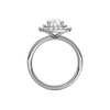 A profile view of the Elongated Cushion cut diamond engagement ring in 14k white gold with a channel band and double halo setting