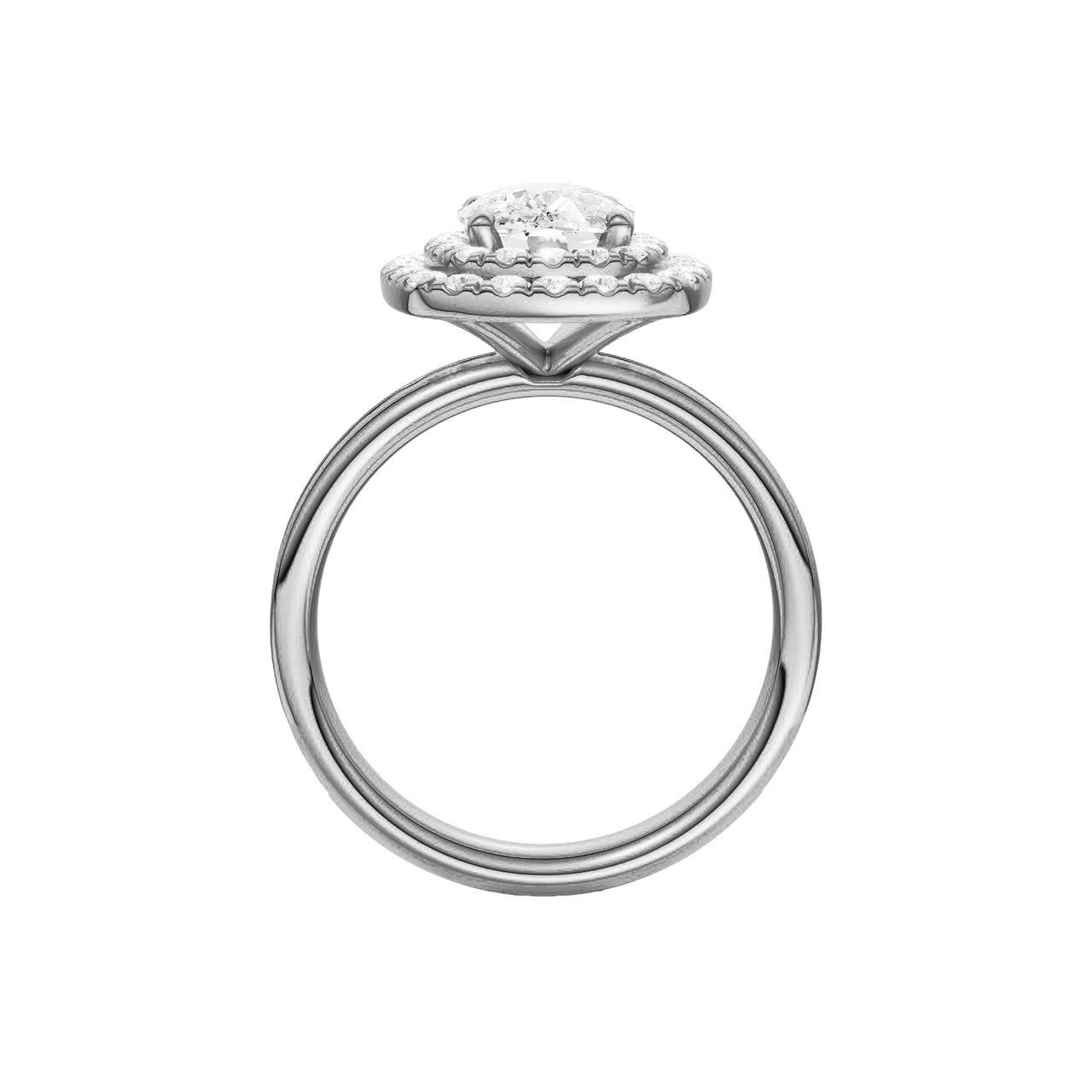 A profile view of the Elongated Cushion cut diamond engagement ring in 14k white gold with a channel band and double halo setting