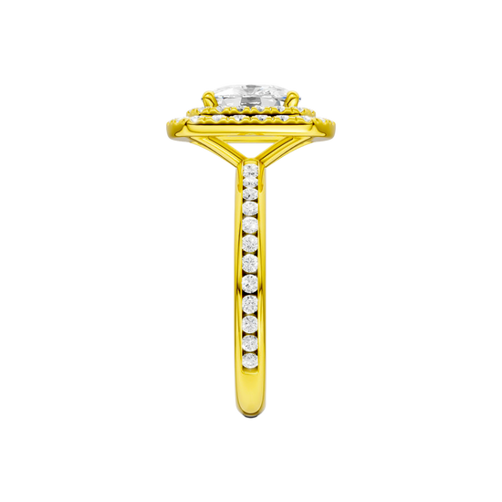 A side view of the Elongated Cushion cut diamond engagement ring in 14k yellow gold with a channel band and double halo setting