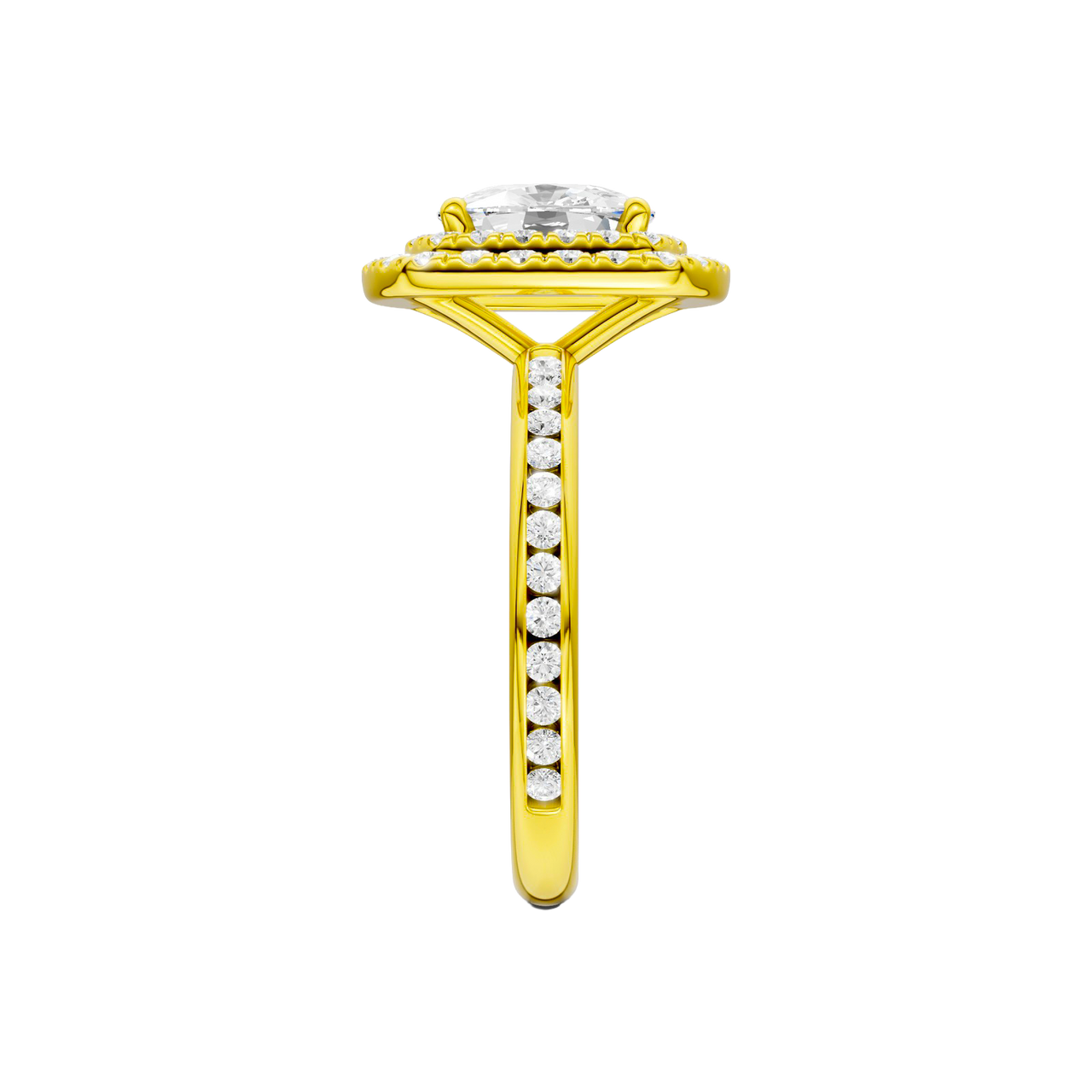 A side view of the Elongated Cushion cut diamond engagement ring in 14k yellow gold with a channel band and double halo setting