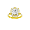 A front view of the Elongated Cushion cut diamond engagement ring in 14k yellow gold with a channel band and double halo setting