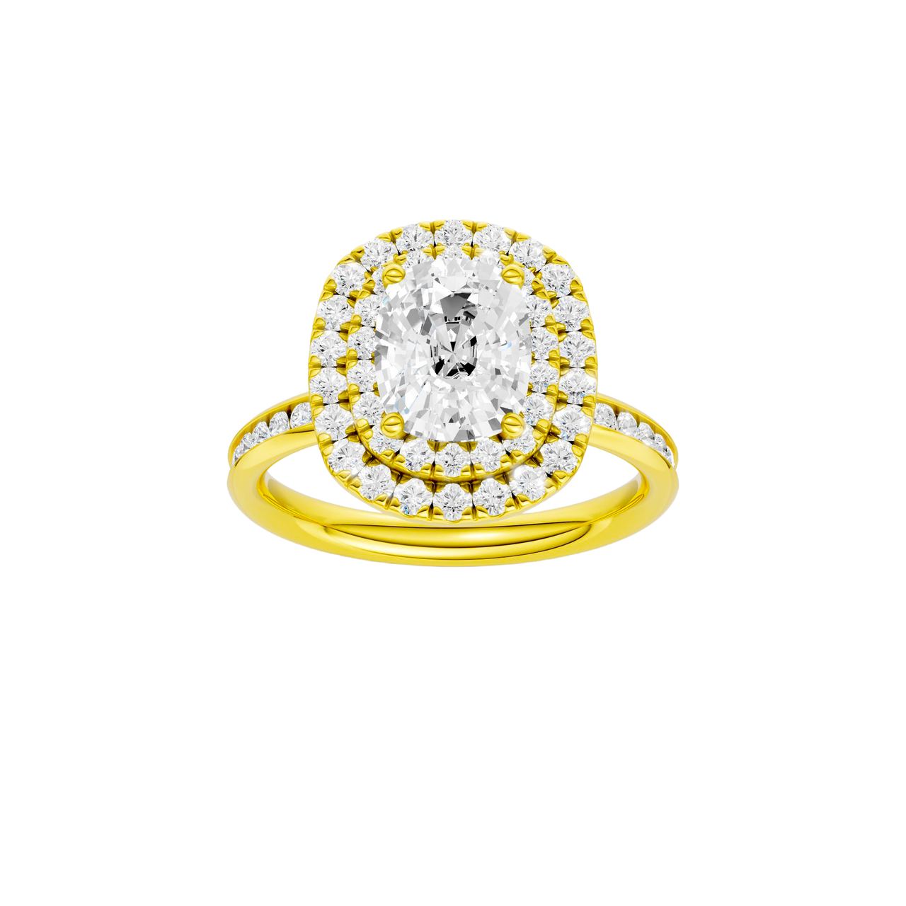 A front view of the Elongated Cushion cut diamond engagement ring in 14k yellow gold with a channel band and double halo setting