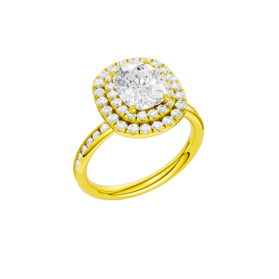 A three-quarter view of the Elongated Cushion cut diamond engagement ring in 14k yellow gold with a channel band and double halo setting