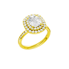 A three-quarter view of the Elongated Cushion cut diamond engagement ring in 14k yellow gold with a channel band and double halo setting