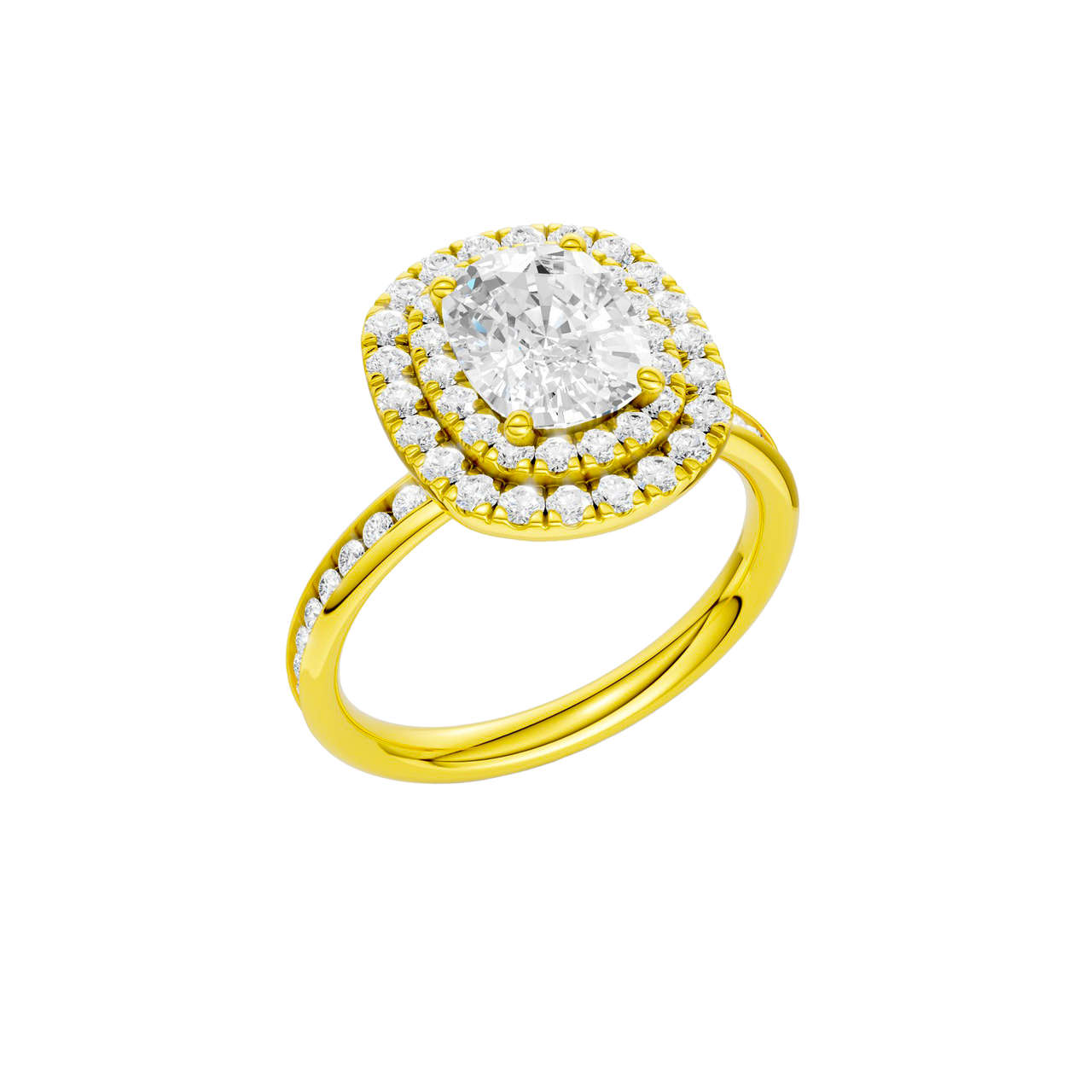 A three-quarter view of the Elongated Cushion cut diamond engagement ring in 14k yellow gold with a channel band and double halo setting