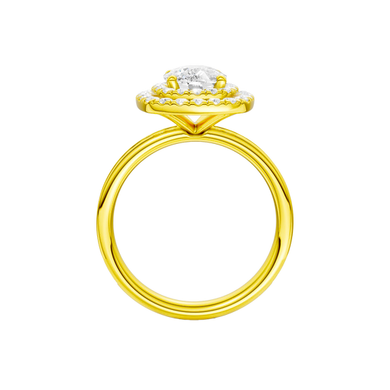 A profile view of the Elongated Cushion cut diamond engagement ring in 14k yellow gold with a channel band and double halo setting