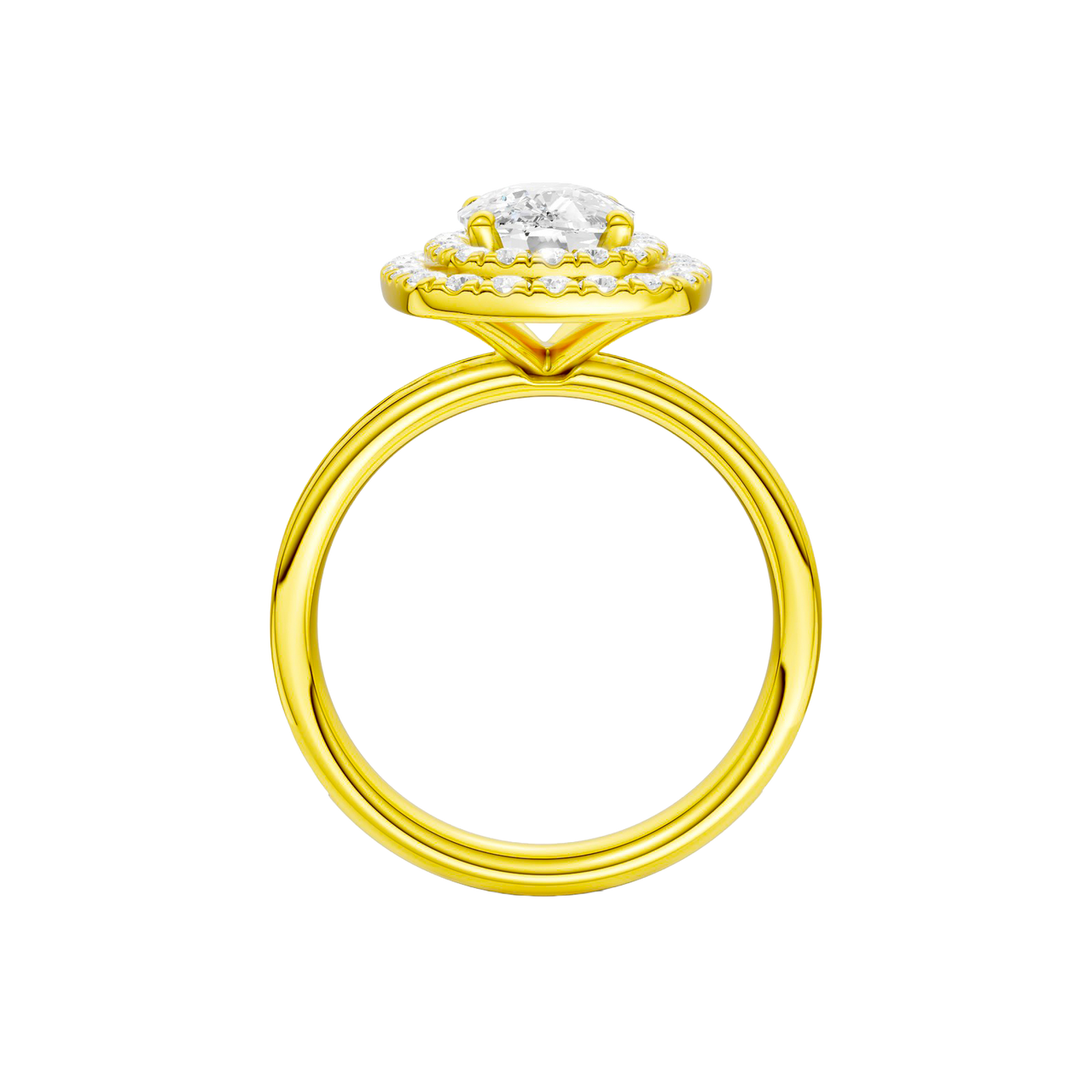 A profile view of the Elongated Cushion cut diamond engagement ring in 14k yellow gold with a channel band and double halo setting