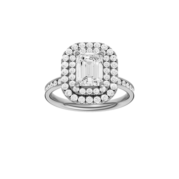A front view of the Emerald cut diamond engagement ring in 14k white gold  with a channel band and double halo setting