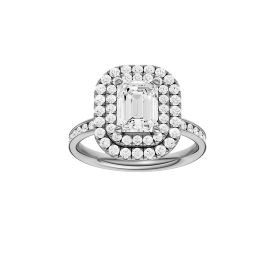 A front view of the Emerald cut diamond engagement ring in platinum  with a channel band and double halo setting