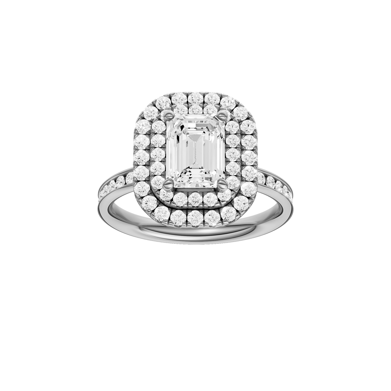 A front view of the Emerald cut diamond engagement ring in platinum  with a channel band and double halo setting