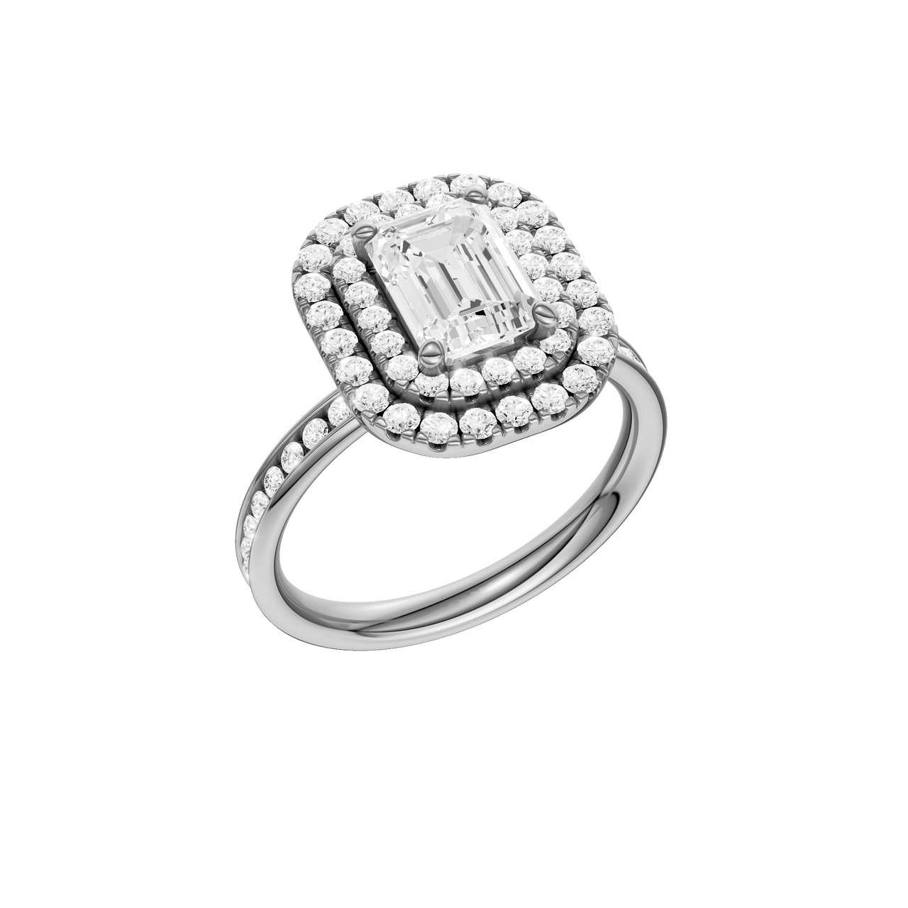 A three-quarter view of the Emerald cut diamond engagement ring in platinum  with a channel band and double halo setting