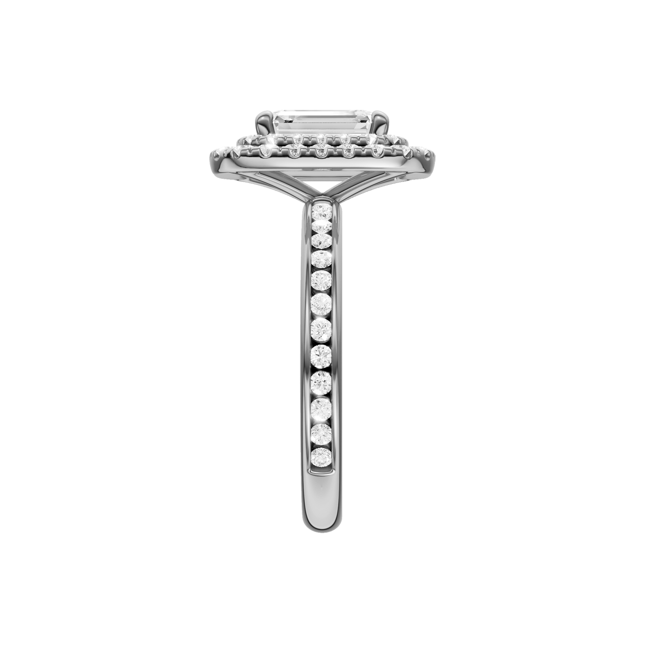 A side view of the Emerald cut diamond engagement ring in platinum  with a channel band and double halo setting