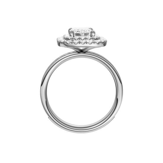 A profile view of the Emerald cut diamond engagement ring in platinum  with a channel band and double halo setting