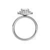 A profile view of the Emerald cut diamond engagement ring in platinum  with a channel band and double halo setting