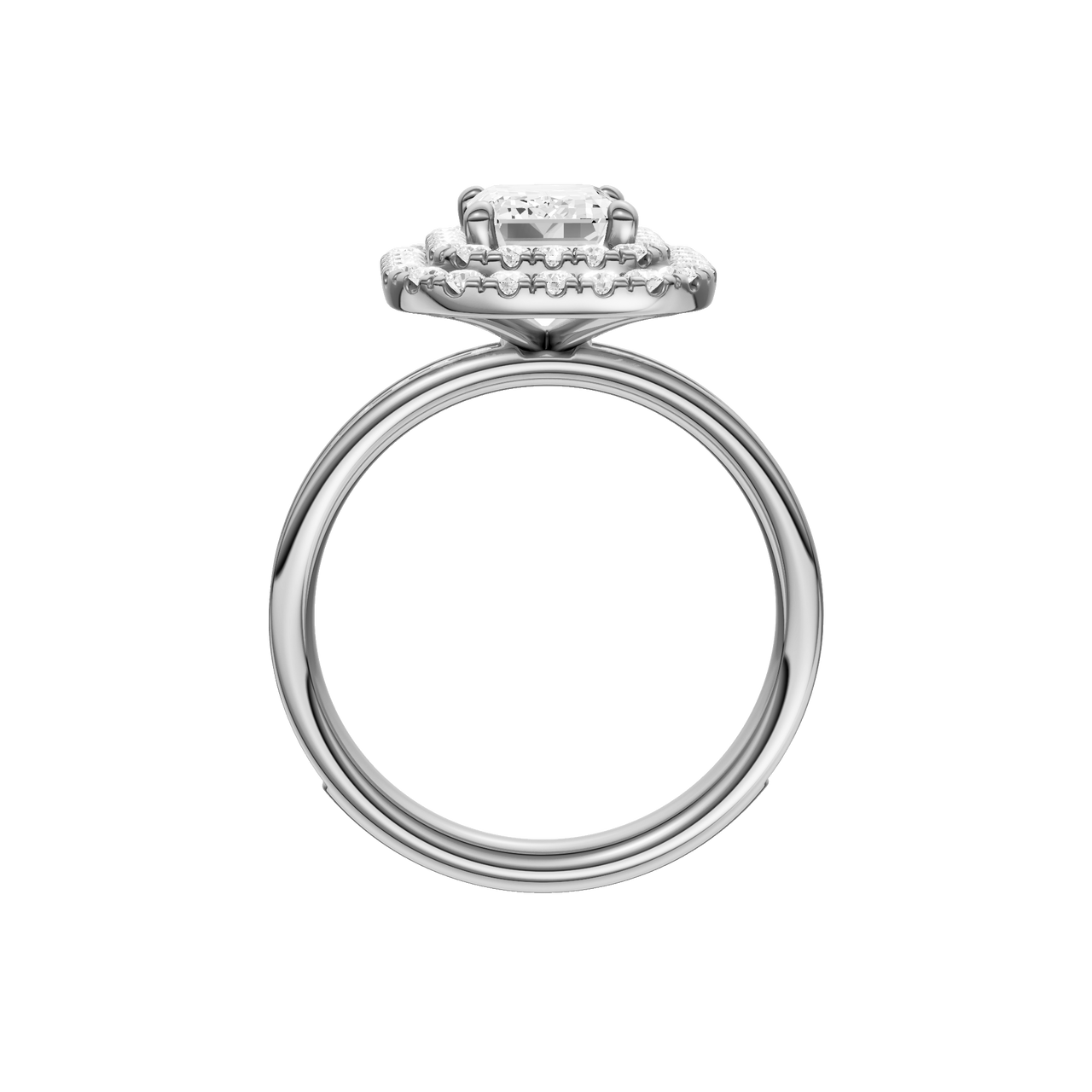 A profile view of the Emerald cut diamond engagement ring in 14k white gold  with a channel band and double halo setting