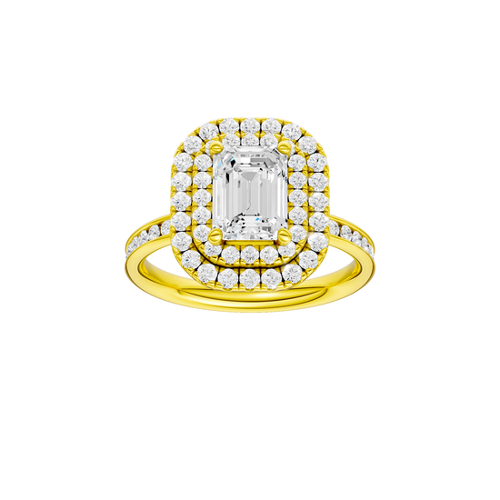 A front view of the Emerald cut diamond engagement ring in 14k yellow gold  with a channel band and double halo setting