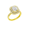 A three-quarter view of the Emerald cut diamond engagement ring in 14k yellow gold  with a channel band and double halo setting