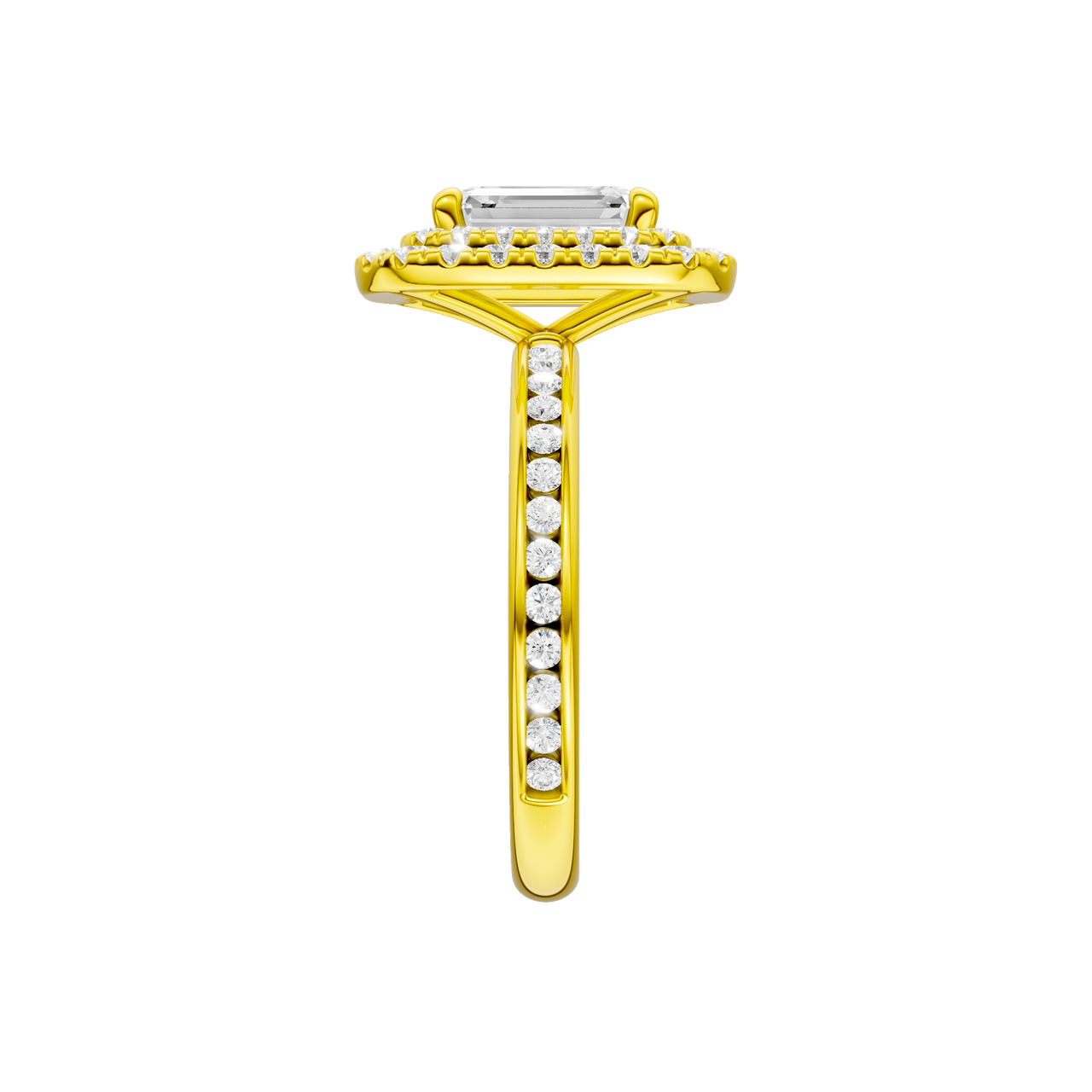 A side view of the Emerald cut diamond engagement ring in 14k yellow gold  with a channel band and double halo setting