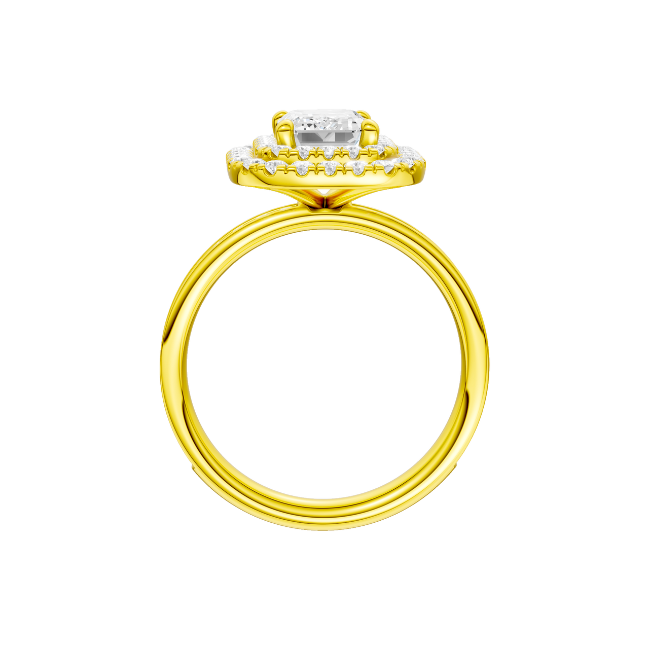 A profile view of the Emerald cut diamond engagement ring in 14k yellow gold  with a channel band and double halo setting