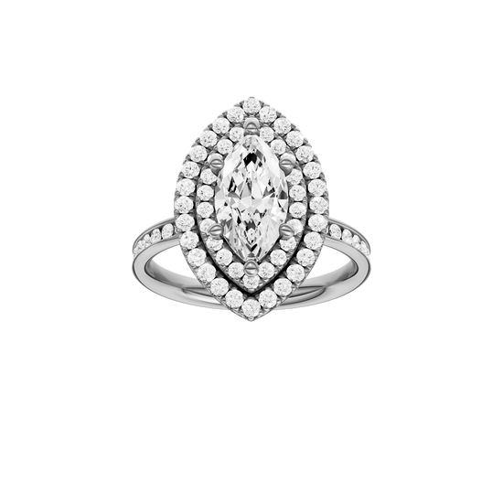 A front view of the Marquise cut diamond engagement ring in 14k white gold with a channel band and cathedral setting