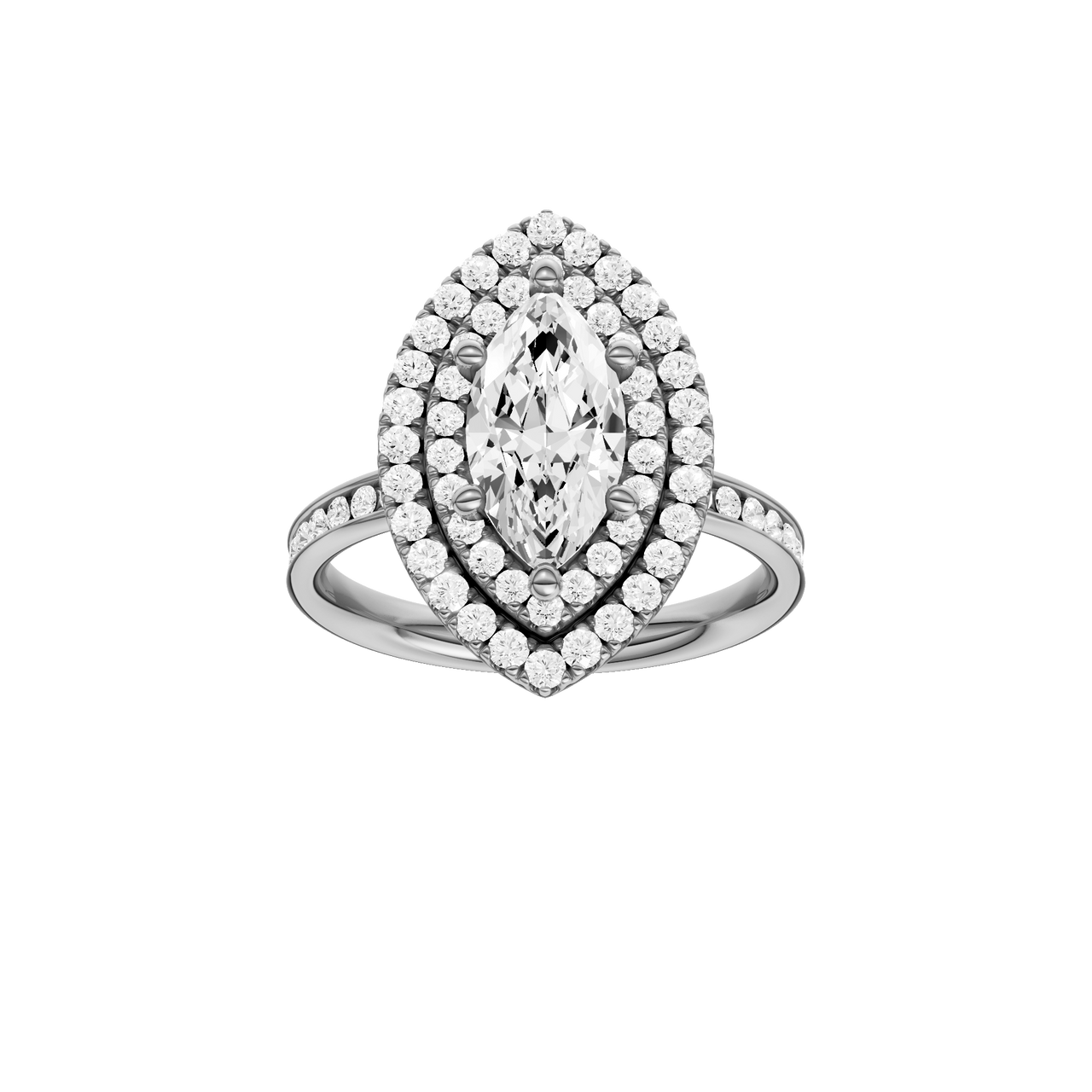 A front view of the Marquise cut diamond engagement ring in 14k white gold with a channel band and cathedral setting