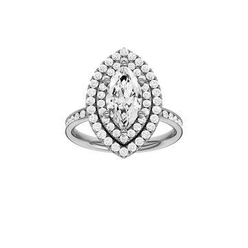 A front view of the Marquise cut diamond engagement ring in 14k white gold with a channel band and cathedral setting