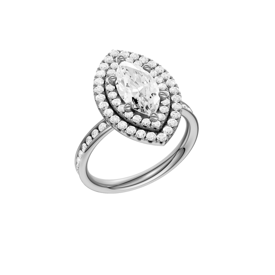 A three-quarter view of the Marquise cut diamond engagement ring in platinum with a channel band and cathedral setting