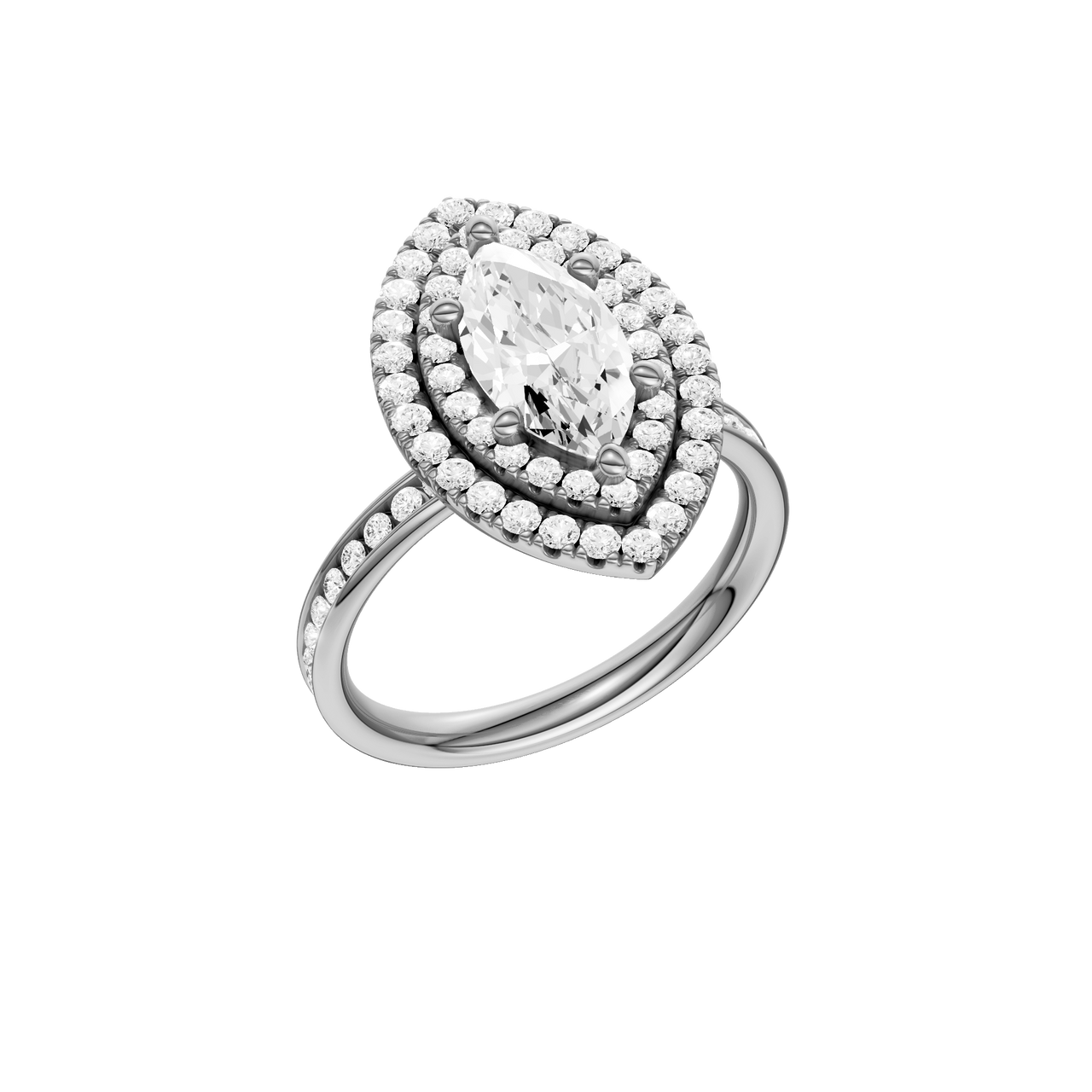 A three-quarter view of the Marquise cut diamond engagement ring in platinum with a channel band and cathedral setting