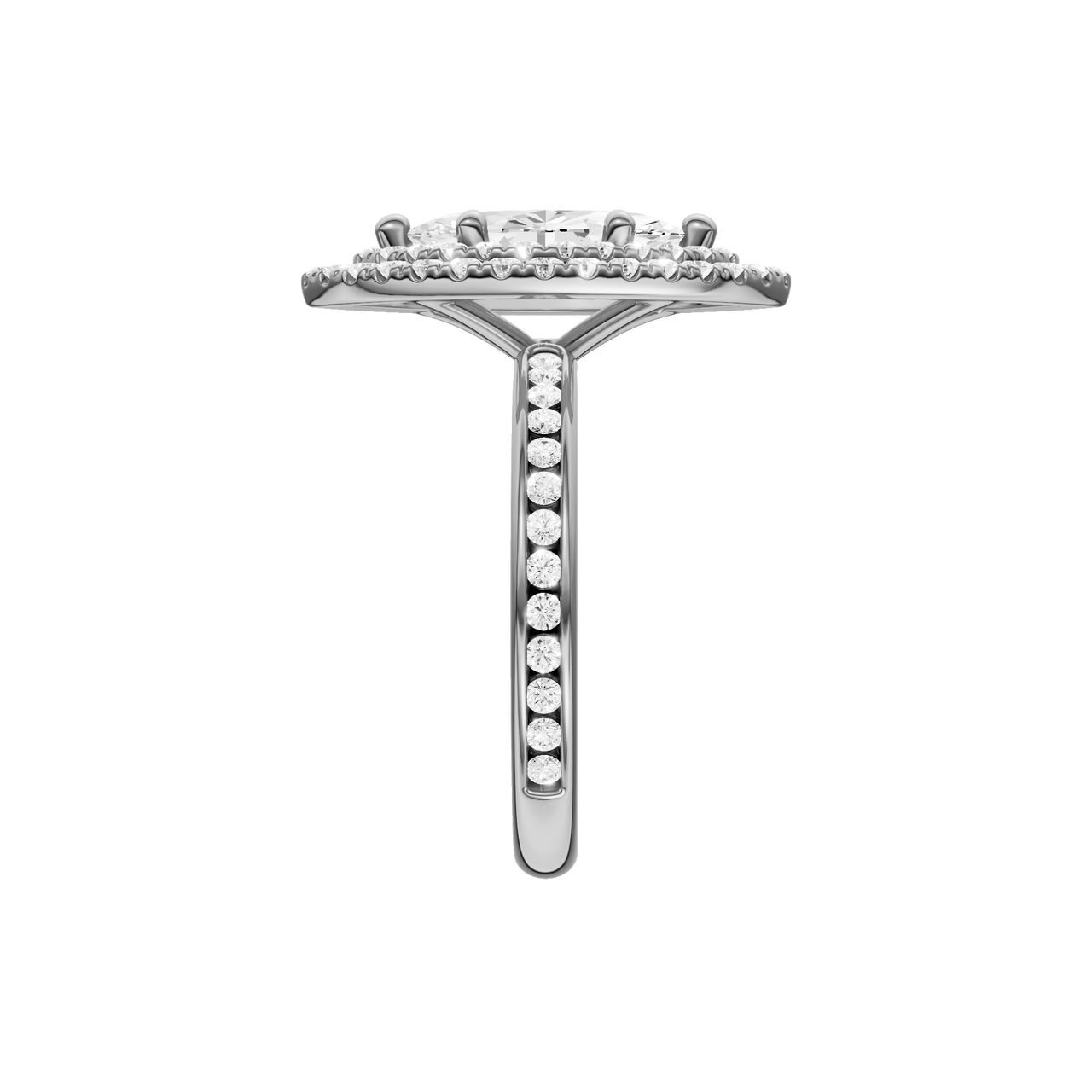 A side view of the Marquise cut diamond engagement ring in 14k white gold with a channel band and cathedral setting