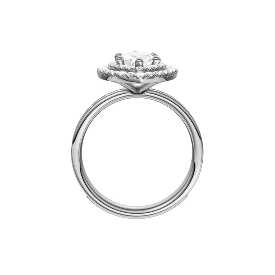 A profile view of the Marquise cut diamond engagement ring in 14k white gold with a channel band and cathedral setting