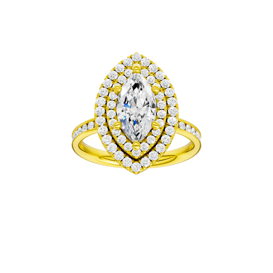 A front view of the Marquise cut diamond engagement ring in 14k yellow gold with a channel band and cathedral setting