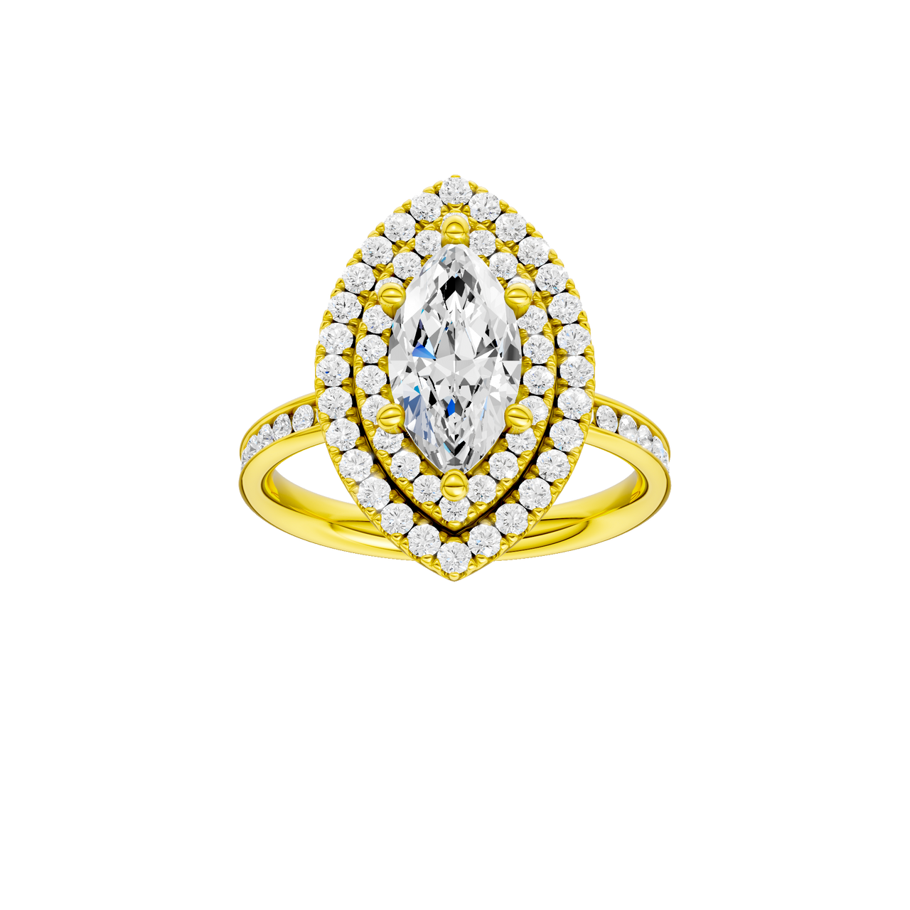 A front view of the Marquise cut diamond engagement ring in 14k yellow gold with a channel band and cathedral setting