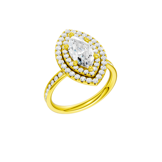 A three-quarter view of the Marquise cut diamond engagement ring in 14k yellow gold with a channel band and cathedral setting