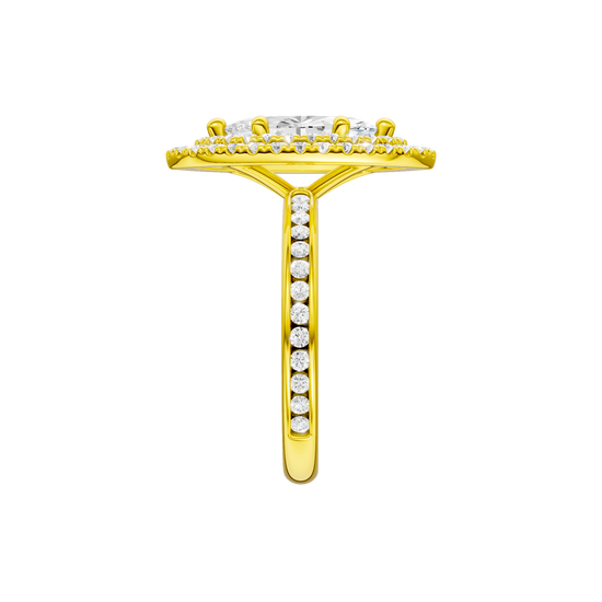 A side view of the Marquise cut diamond engagement ring in 14k yellow gold with a channel band and cathedral setting